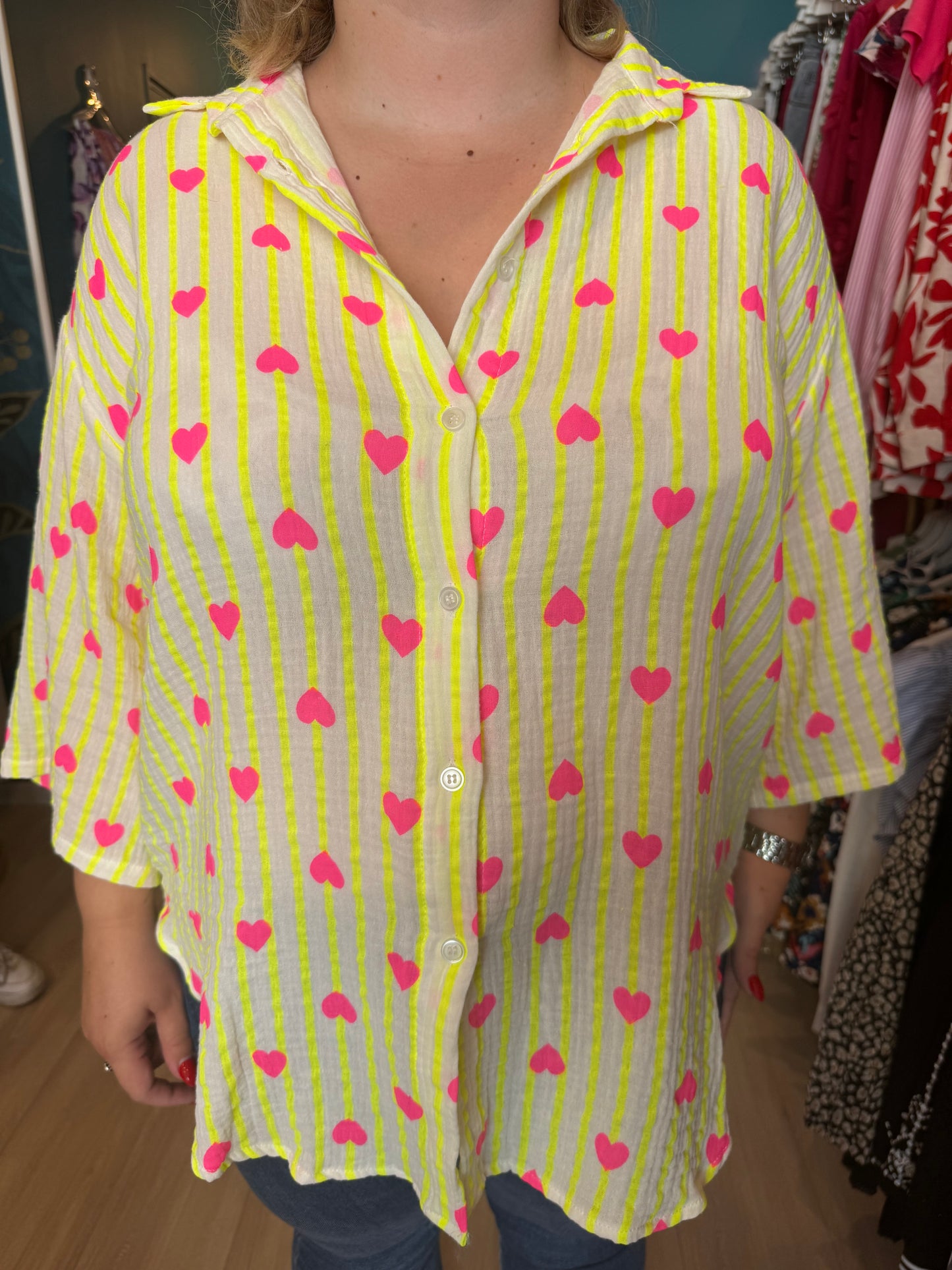 💛 Chemise en gaze de coton cœurs roses 💛