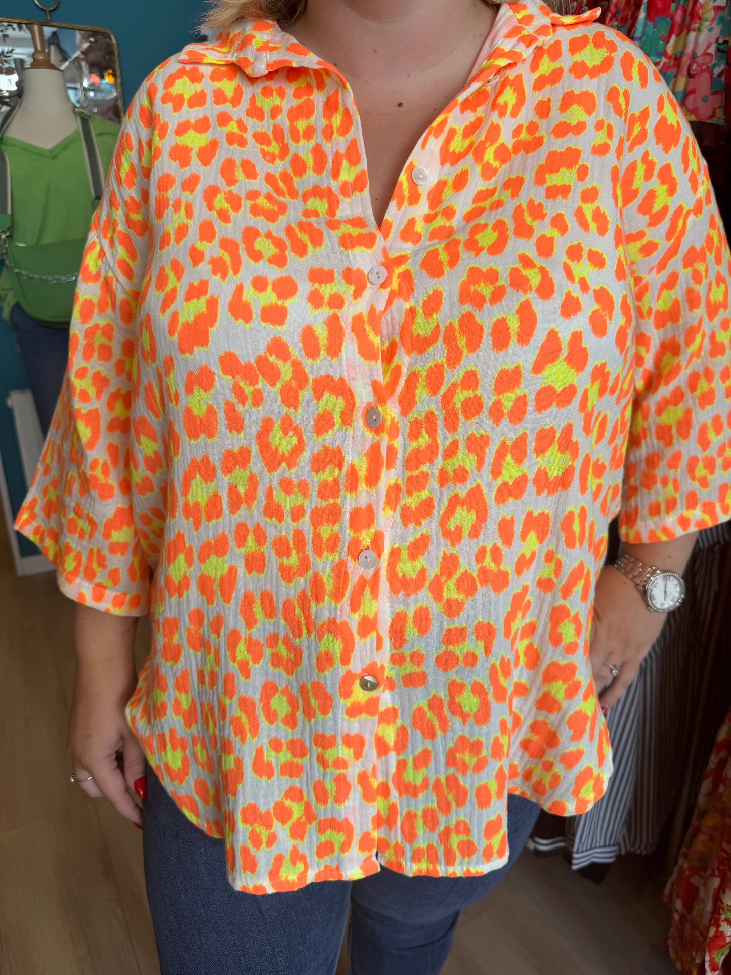 🧡💛Chemise en gaze de coton imprimé léopard orange fluo et jaune 🧡💛