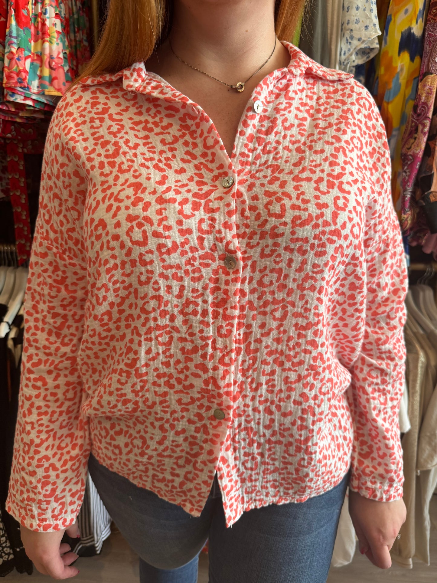 🧡 Chemise en gaze de coton imprimé léopard corail 🧡