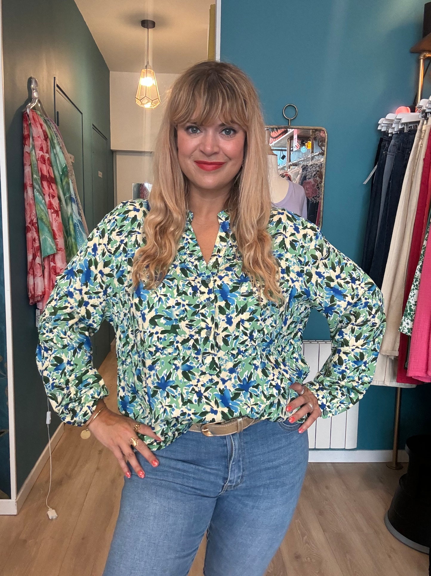 Blouse fluide imprimé fleuri vert & bleu 💙💚