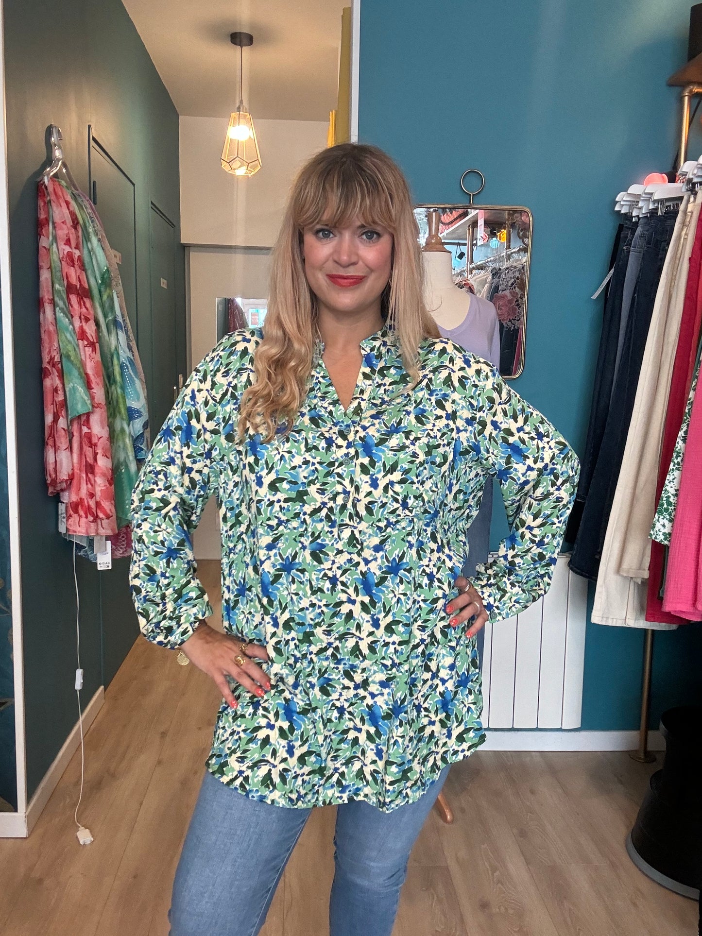 Blouse fluide imprimé fleuri vert & bleu 💙💚