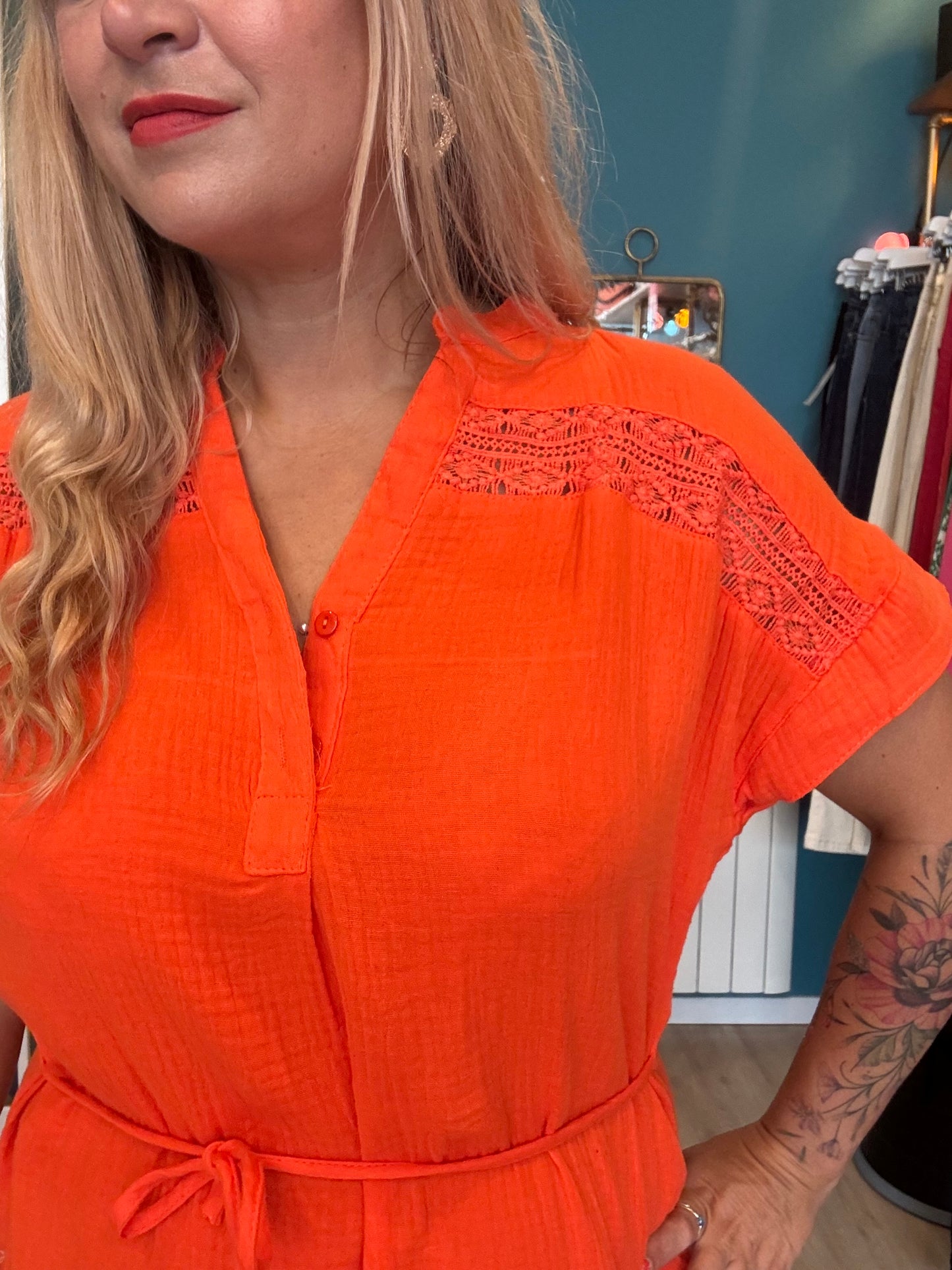 🧡 Robe orange en gaze de coton