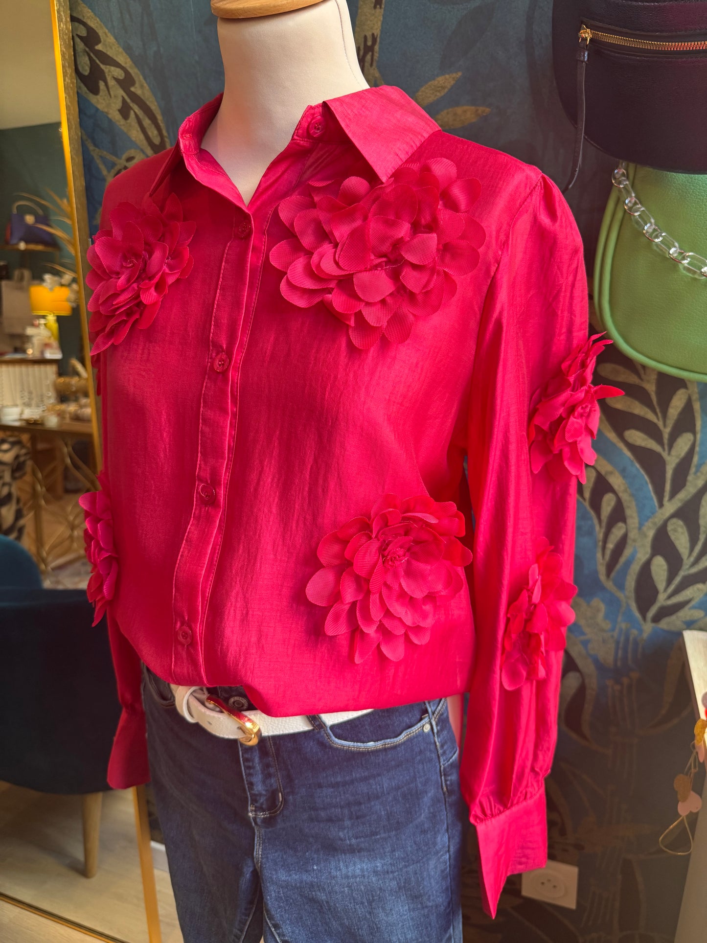 Chemise fluide à fleurs 3D – Rouge Passion 🌺🔥
