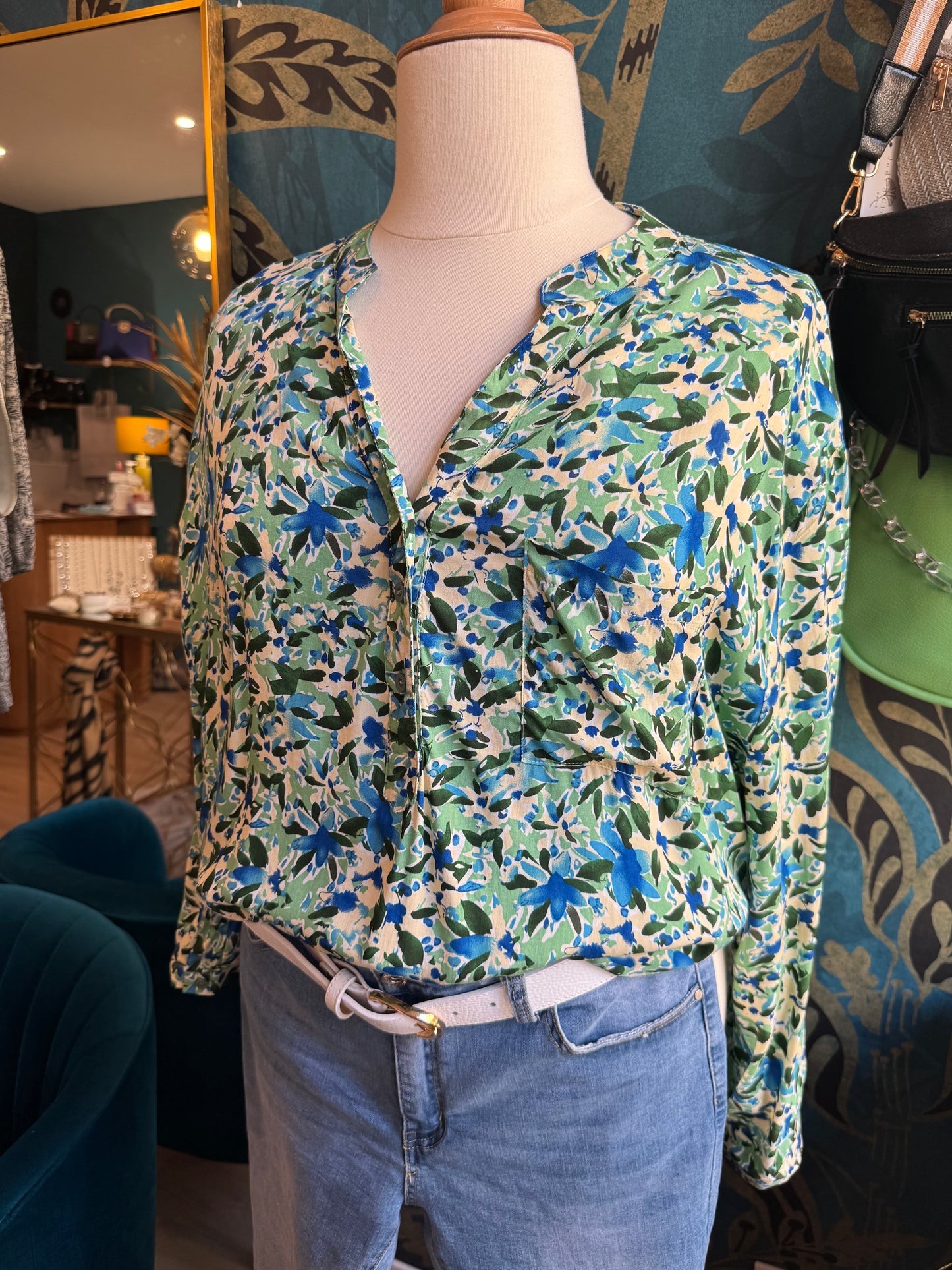 Blouse fluide imprimé fleuri vert & bleu 💙💚