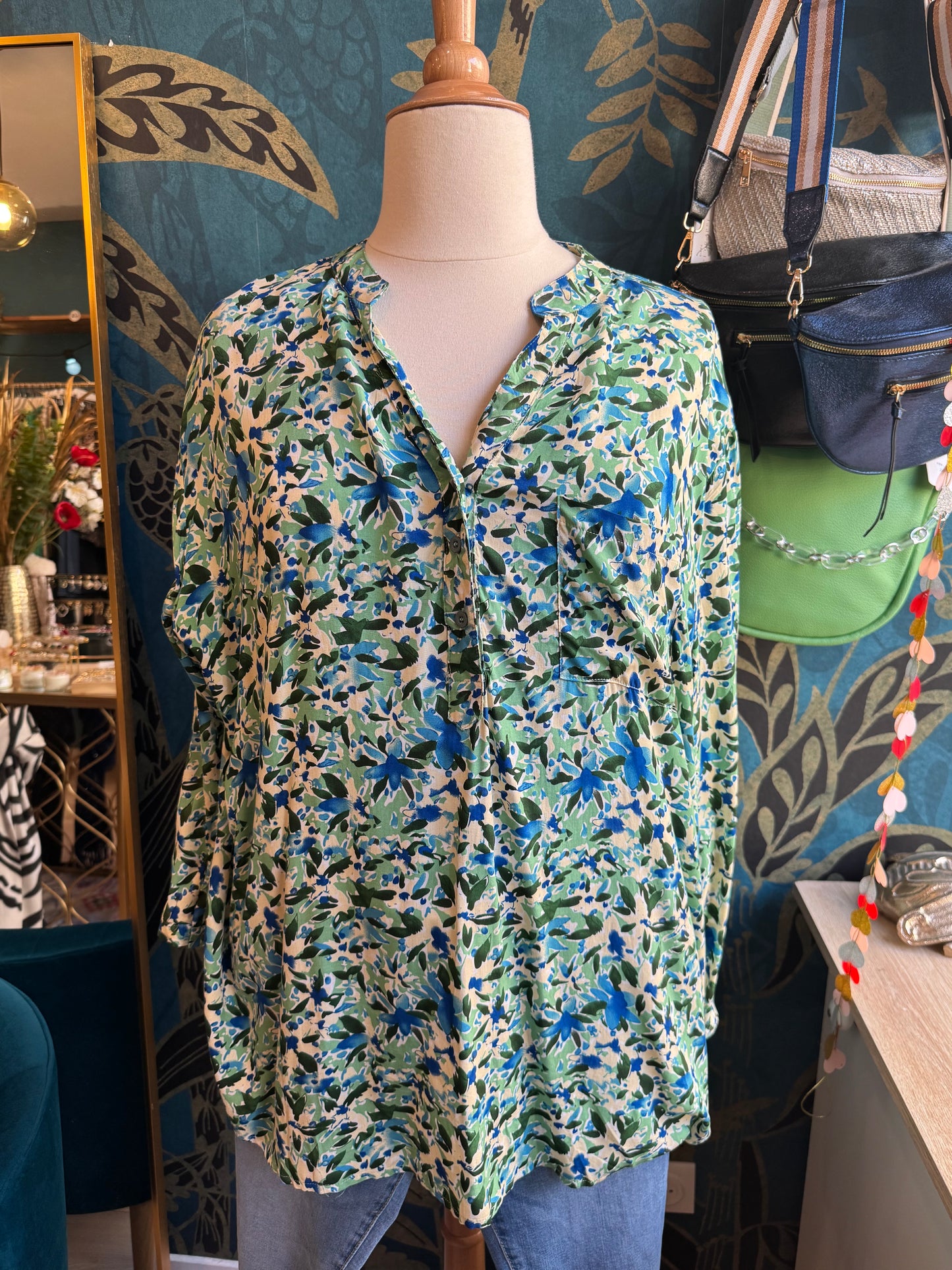 Blouse fluide imprimé fleuri vert & bleu 💙💚
