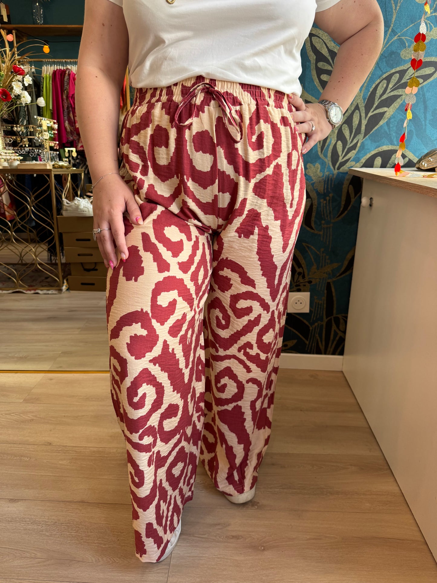 🔥 Pantalon large imprimé ethnique rouge & beige 🧶