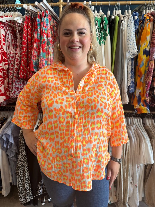 🧡💛Chemise en gaze de coton imprimé léopard orange fluo et jaune 🧡💛