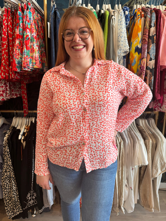 🧡 Chemise en gaze de coton imprimé léopard corail 🧡
