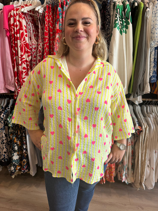 💛 Chemise en gaze de coton cœurs roses 💛