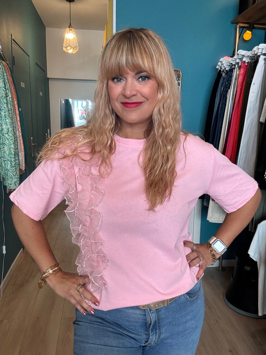 🍭 Tee-shirt rose bonbon avec volants et strass ✨