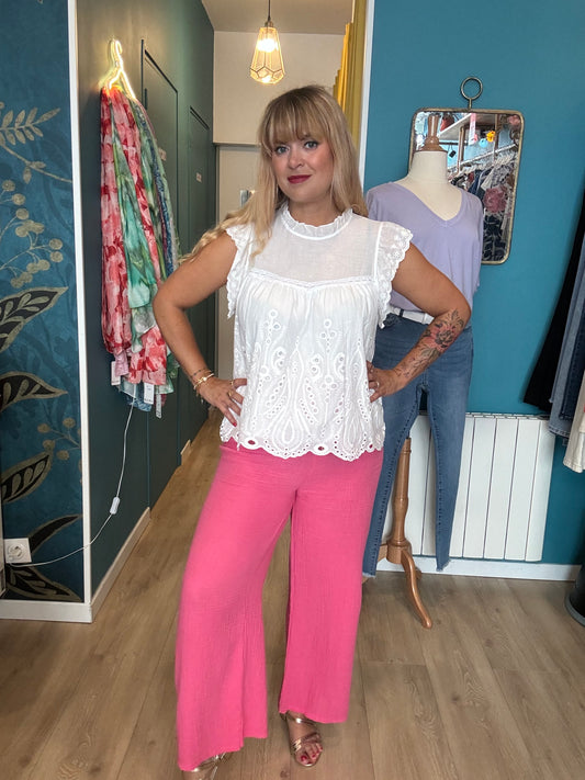 👖 Pantalon en gaze de coton rose – Confort & élégance bohème ! 🎀✨