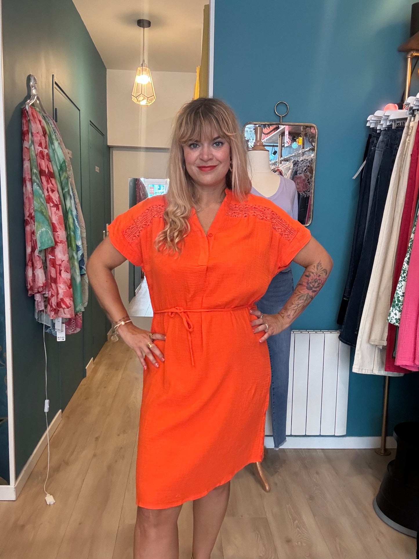 🧡 Robe orange en gaze de coton