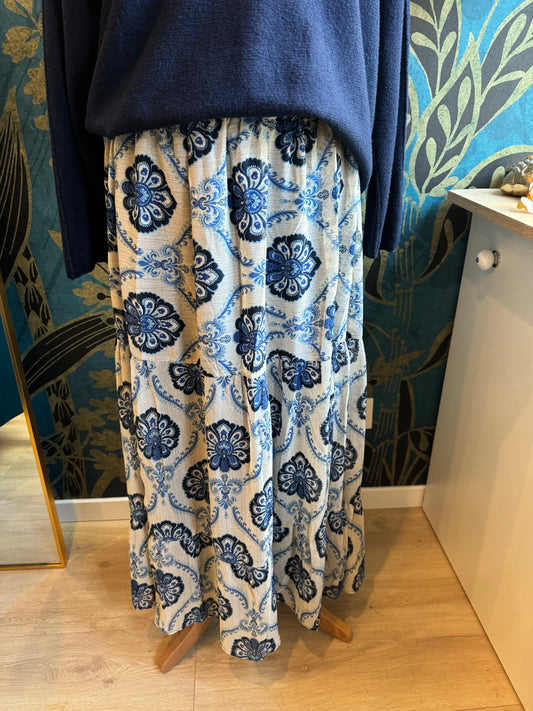 👗 Jupe longue fluide à imprimé bleu et beige ✨