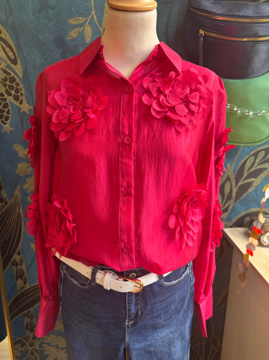 Chemise fluide à fleurs 3D – Rouge Passion 🌺🔥