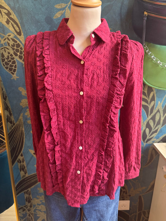 Chemise bohème bordeaux à volants et broderies florales 🌿✨