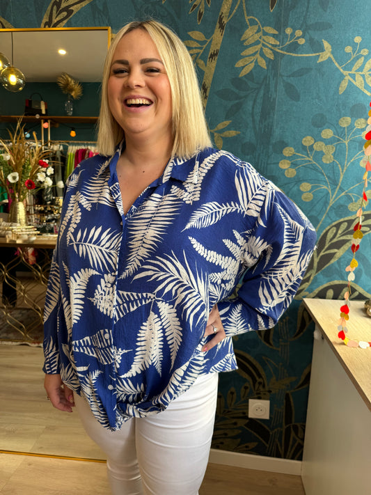 🌿 Chemise imprimée tropicale bleu roi