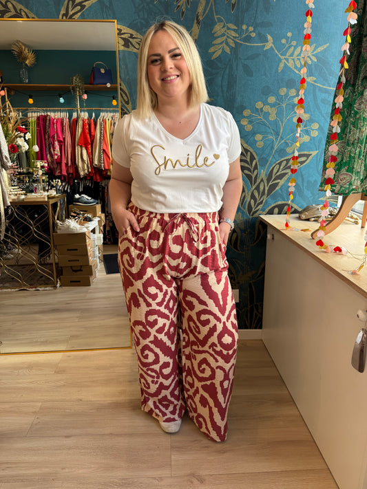 🔥 Pantalon large imprimé ethnique rouge & beige 🧶